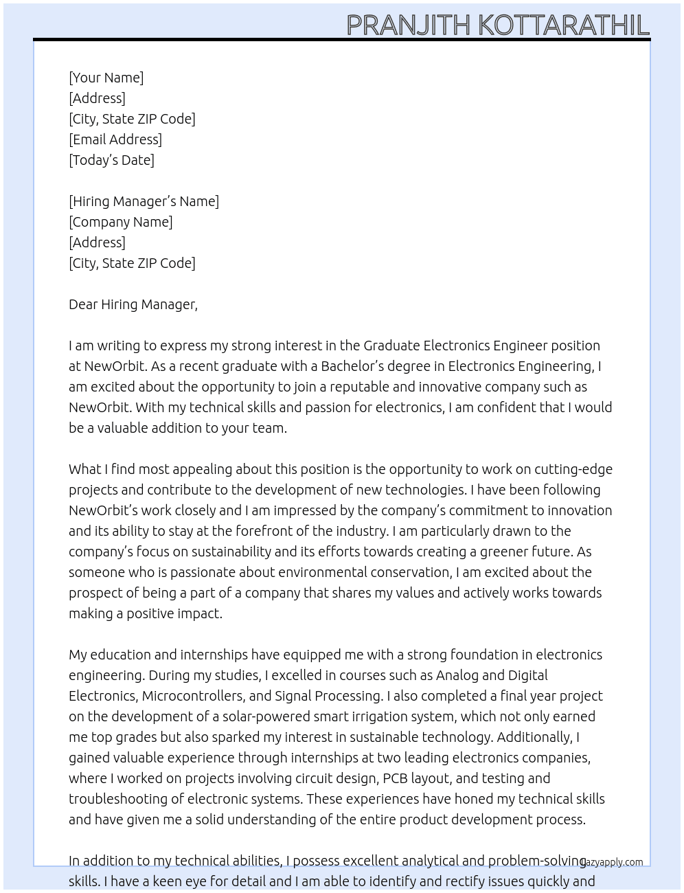 Graduate Electronics Engineer At NewOrbit Cover Letter