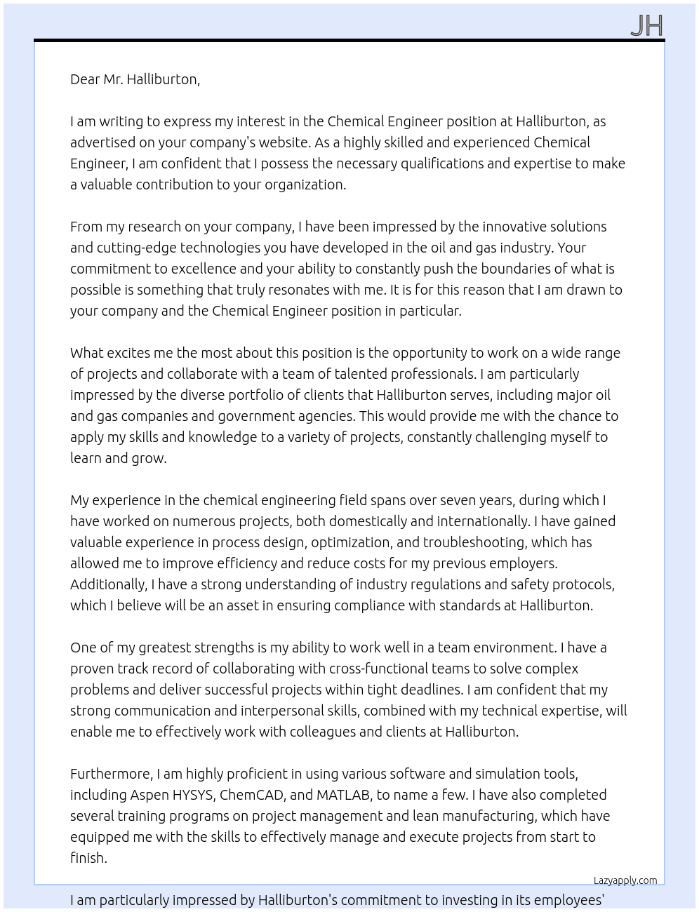 Chemical Engineer At Halliburton Cover Letter