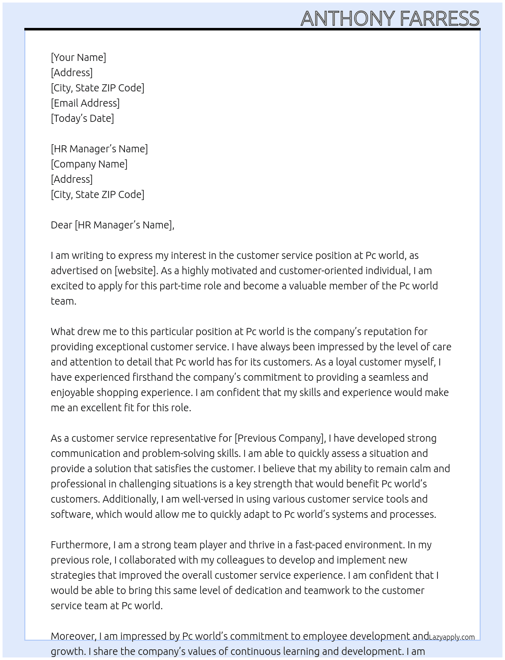customer service At Pc world Cover Letter