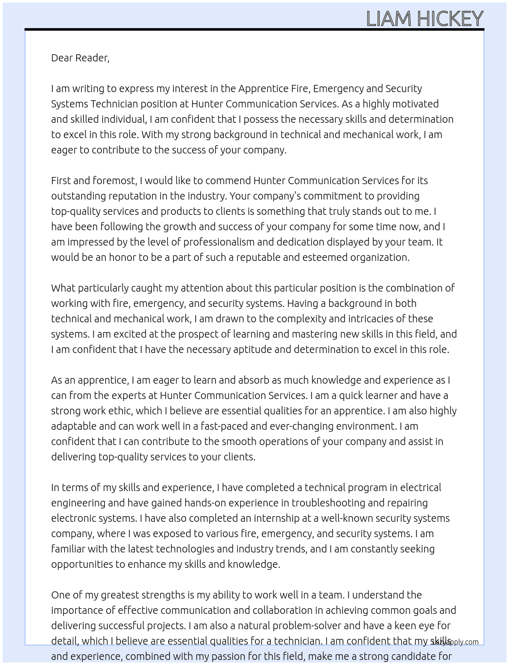 Apprentice Fire, Emergency and Security Systems Technician At Hunter Communication Services &nbsp; Cover Letter