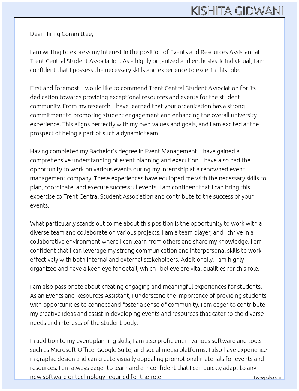 Events and Resources Assistant At Trent Central Student Association Cover Letter
