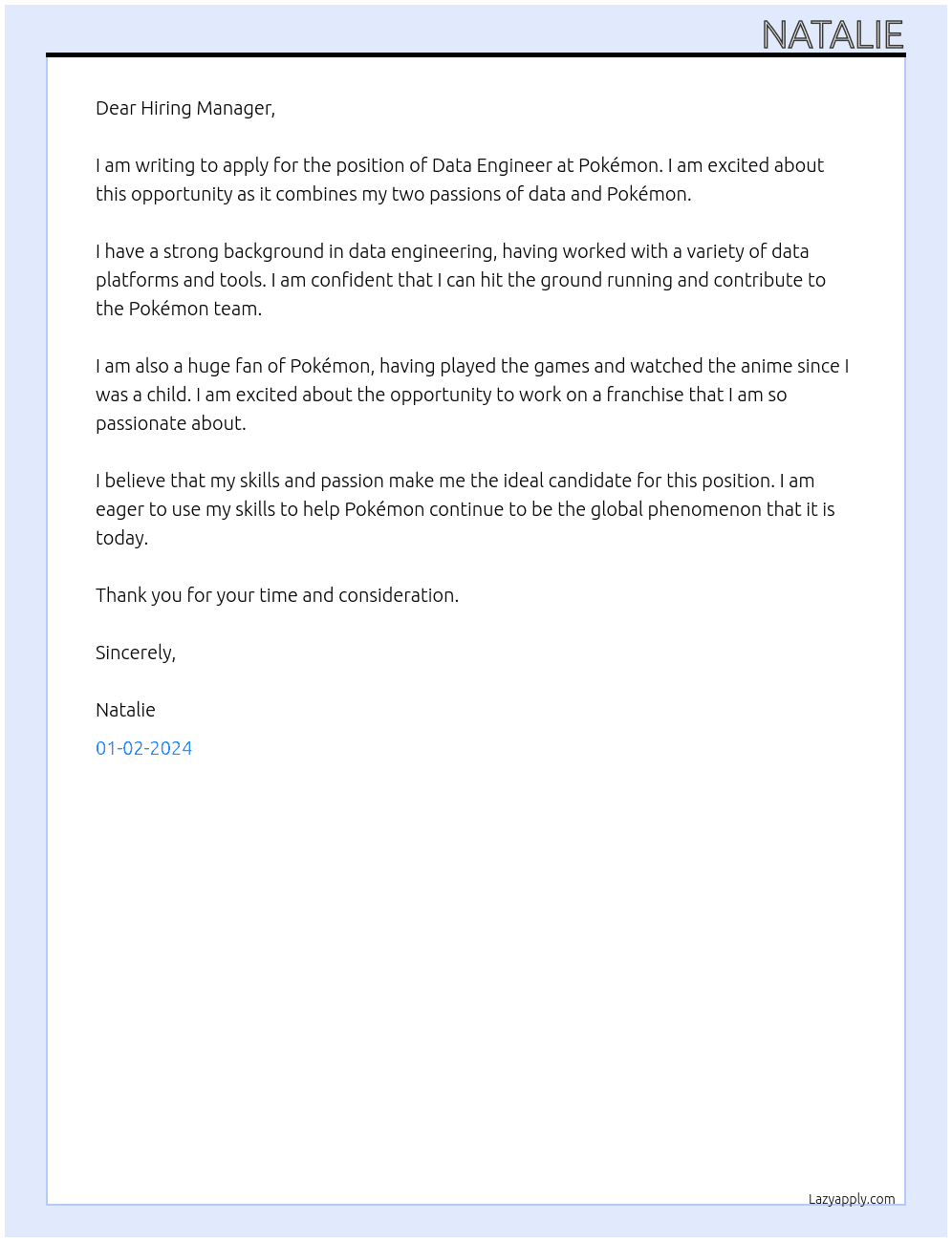 Data Engineer At Pokémon  Cover Letter