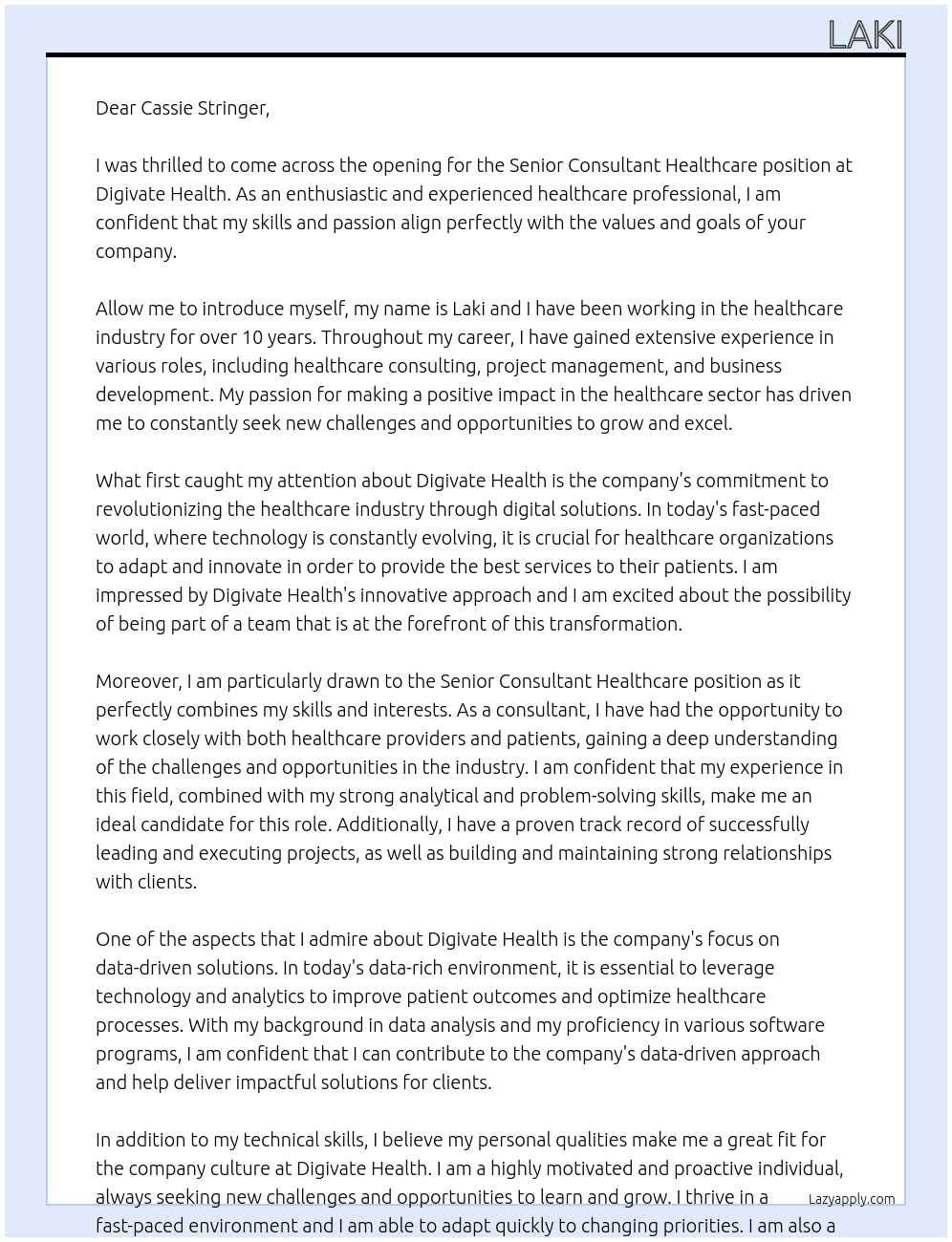 SENIOR CONULSTANT HEALTHCARE At DIGIVATE HEALTH Cover Letter