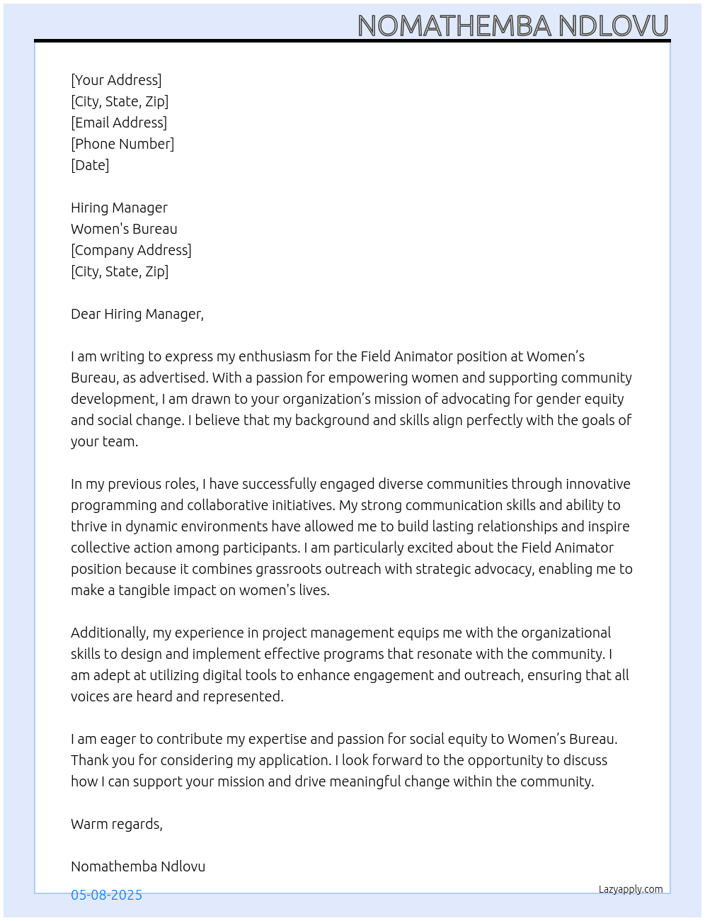 Cover letter for field animator - LazyApply