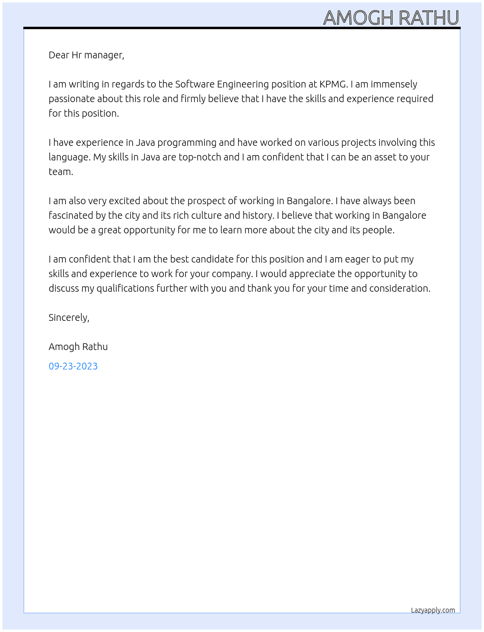 Software Engineering At KPMG Cover Letter