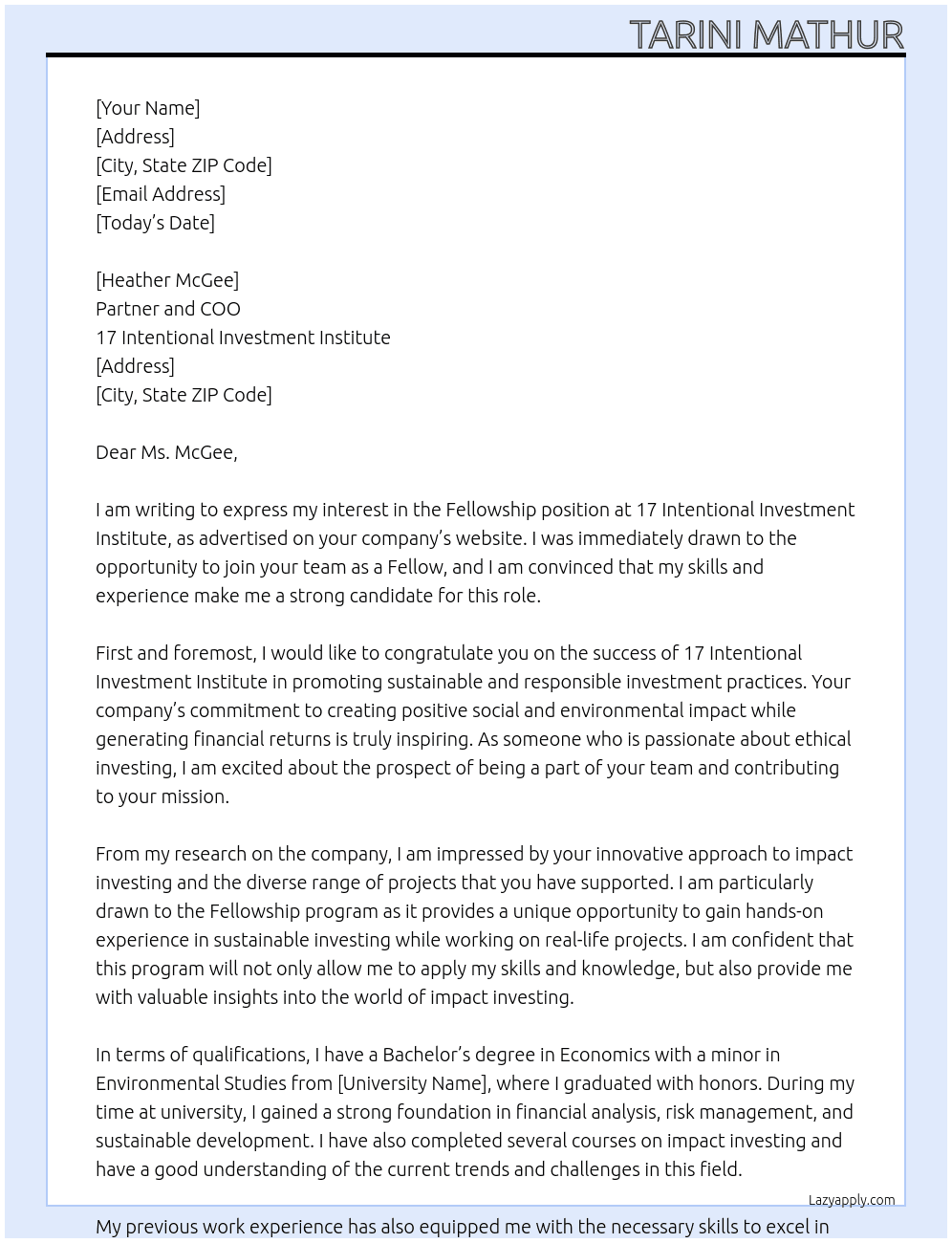 Fellowship At 17 Intentional Investment Institute Cover Letter
