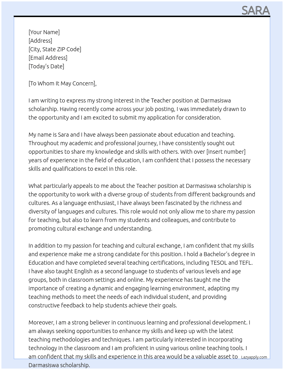 Teacher At Darmasiswa scholarship Cover Letter