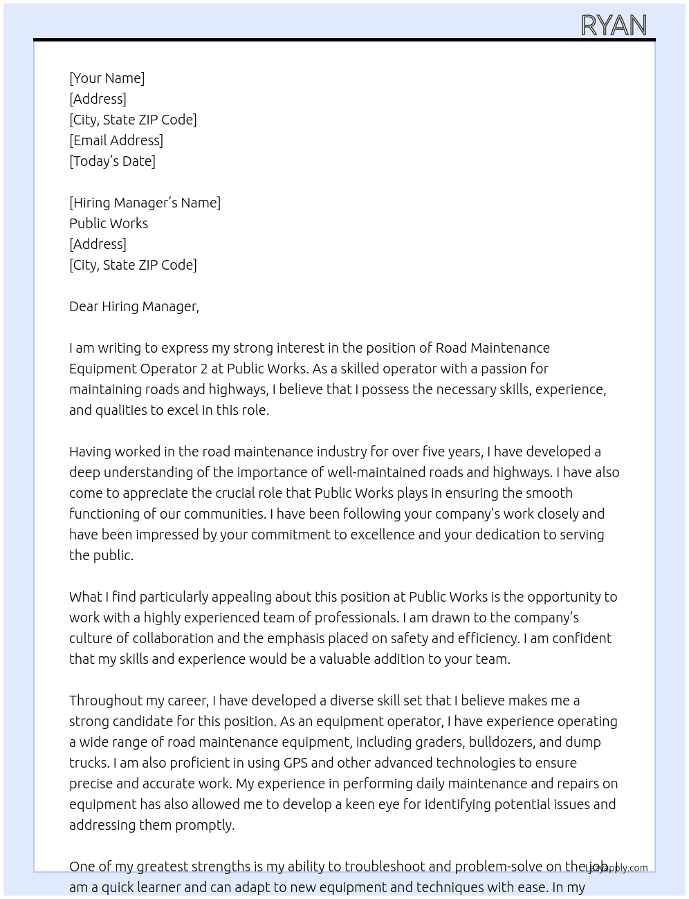 Road Maintenance Equipment Operator 2 At Public Works Cover Letter