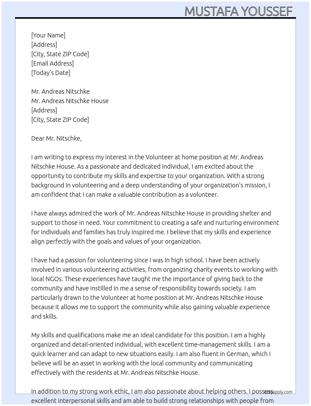 Volunteer at home  At  Mr. Andreas Nitschke House Cover Letter