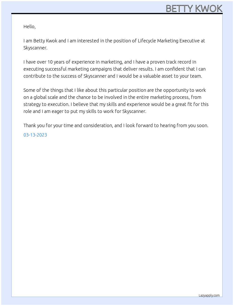 Lifecycle Marketing Executive At Skyscanner Cover Letter