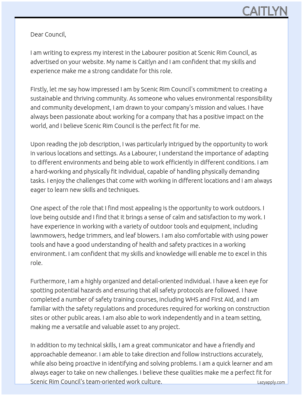 Labourer At Scenic Rim Council Cover Letter