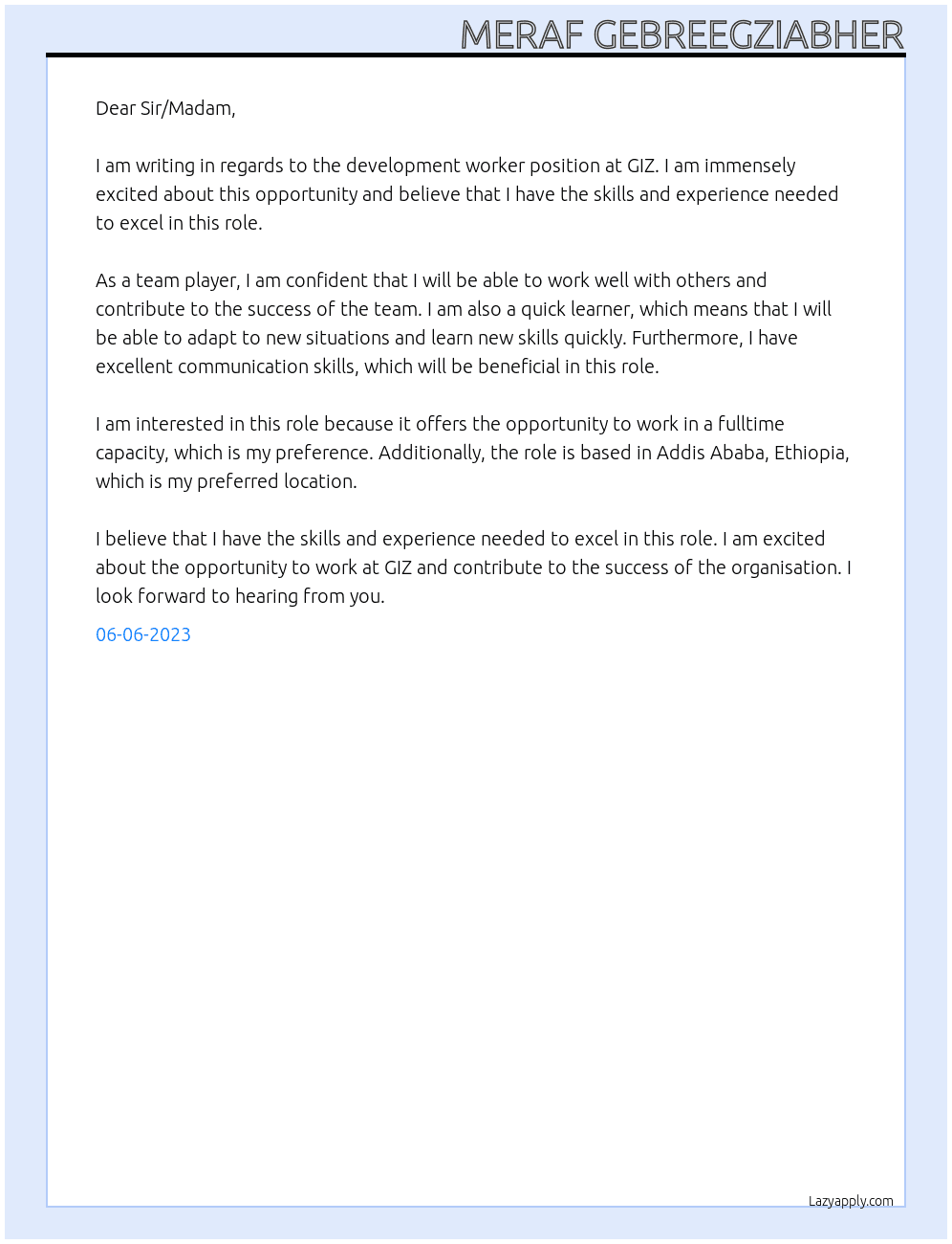 Development worker At GIZ Cover Letter