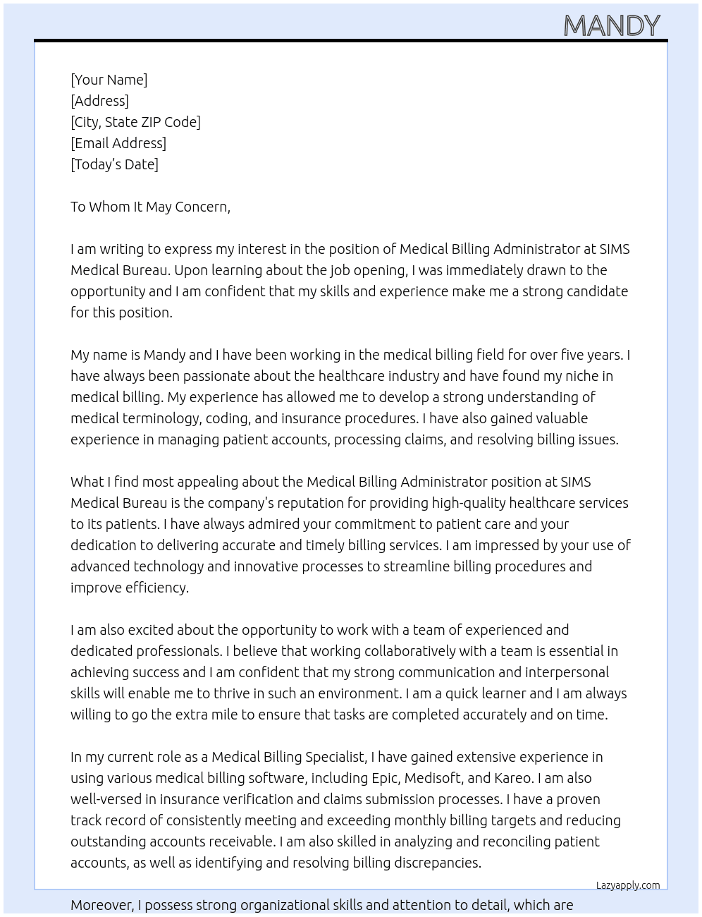 Medical Billing Administrator At SIMS Medical Bureau Cover Letter