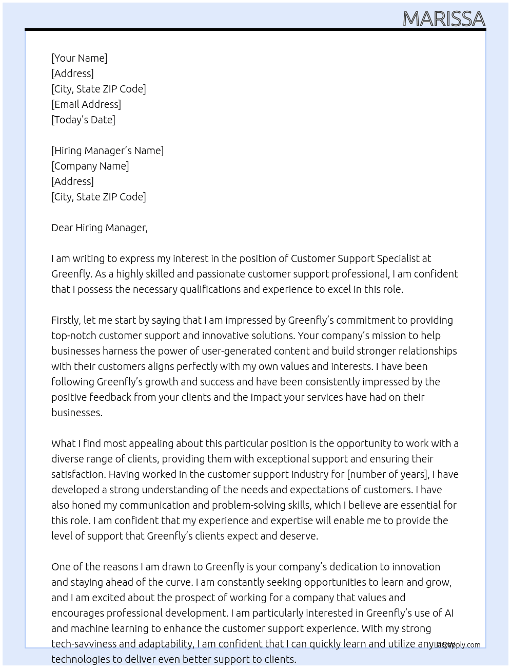Customer Support Specialist At Greenfly Cover Letter
