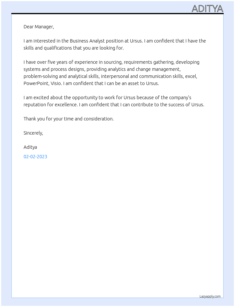 Business Analyst At Ursus Cover Letter