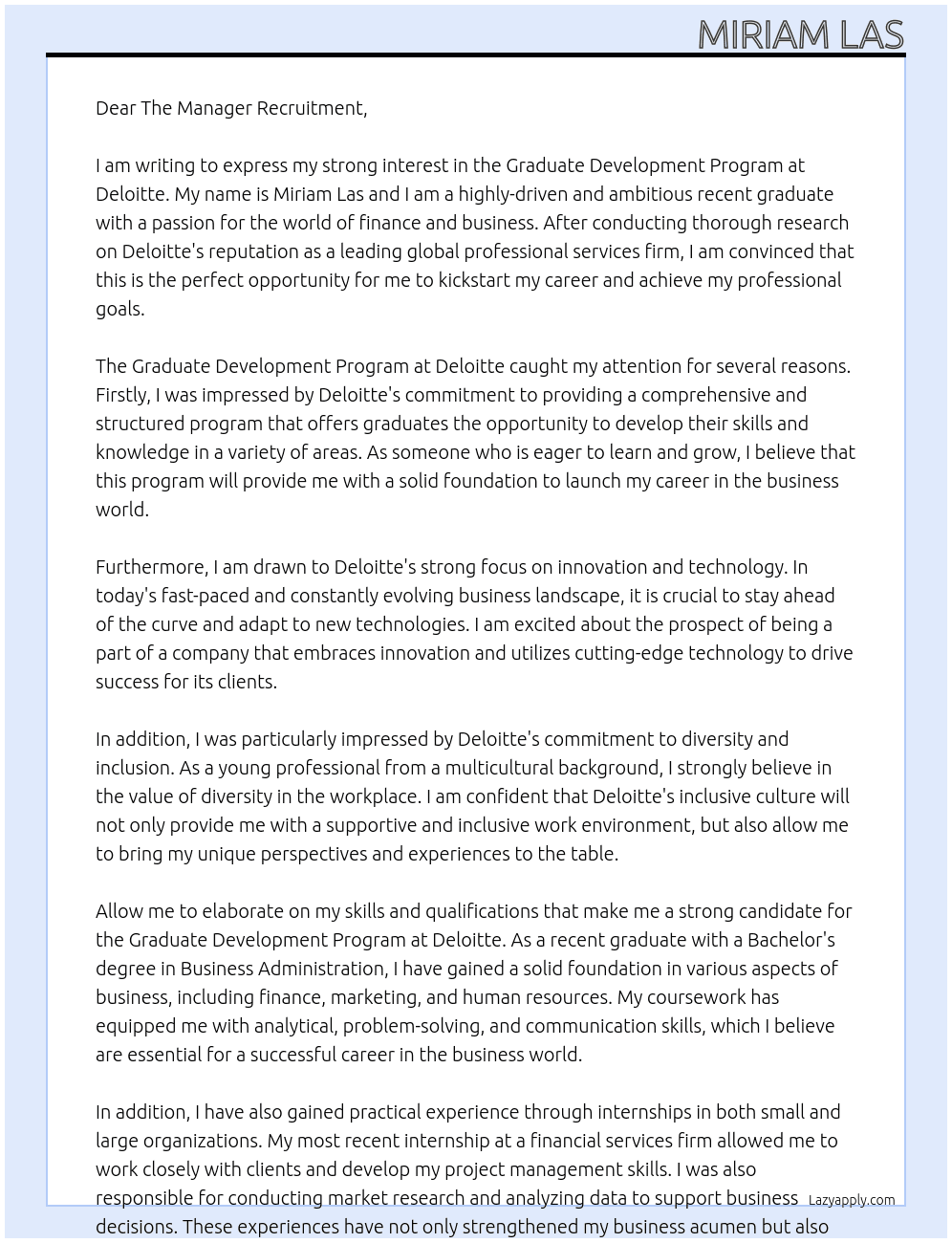 graduate development program At Deloitte Cover Letter