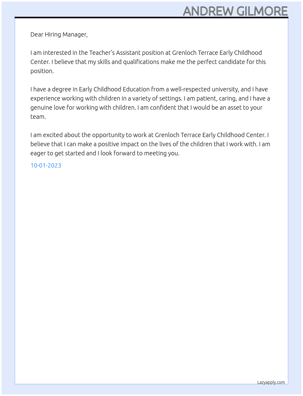 Teacher's assisstant At Grenloch Terrace Early Childhood Center Cover Letter