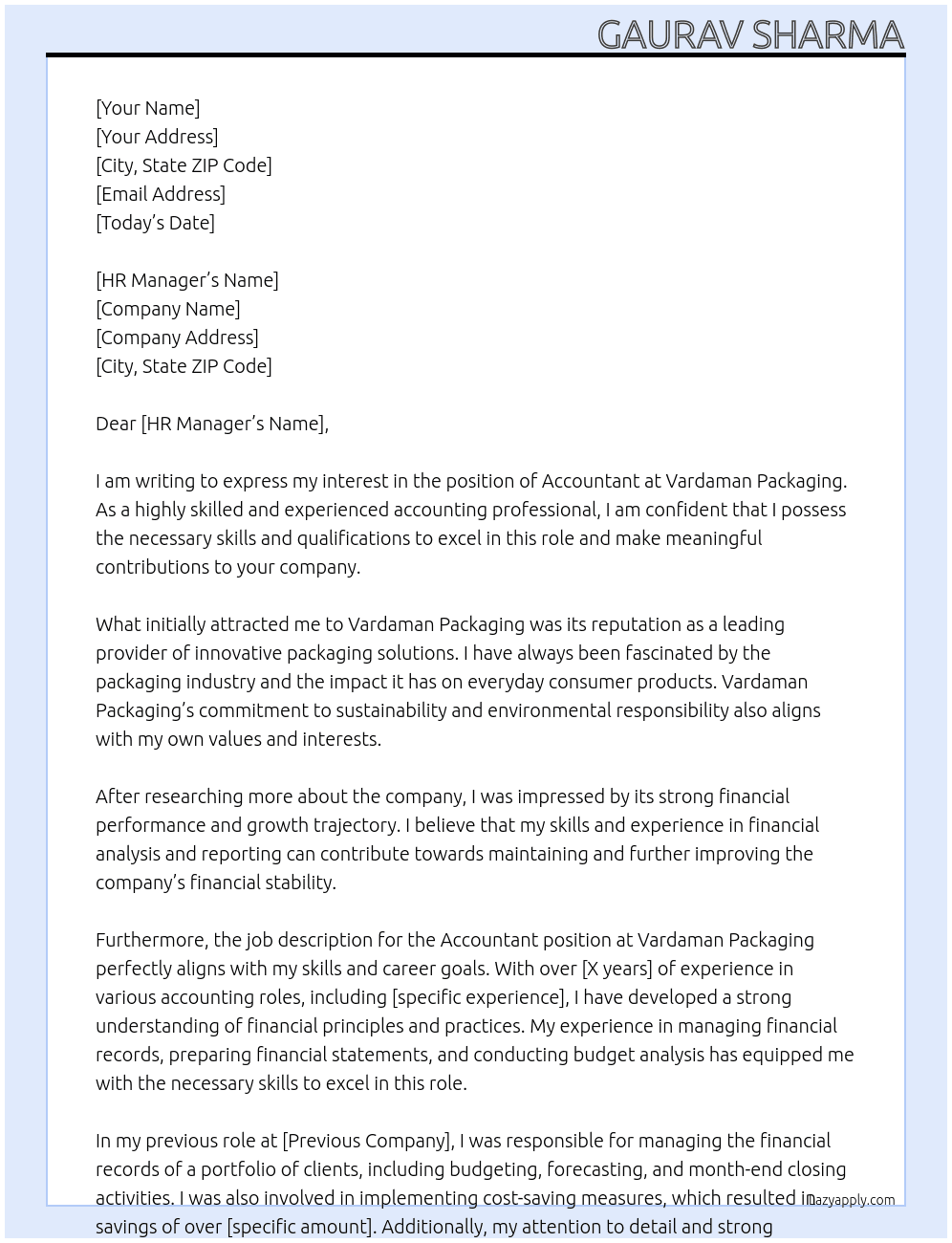 Accountant At Vardaman Packaging Cover Letter