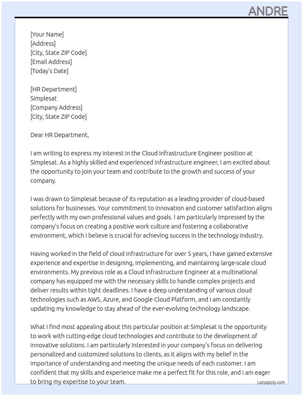 Cloud Infrastructure Engineer At Simplesat Cover Letter