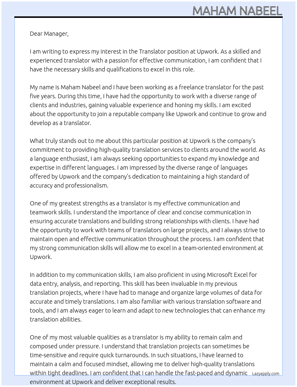 translator At  upwork Cover Letter