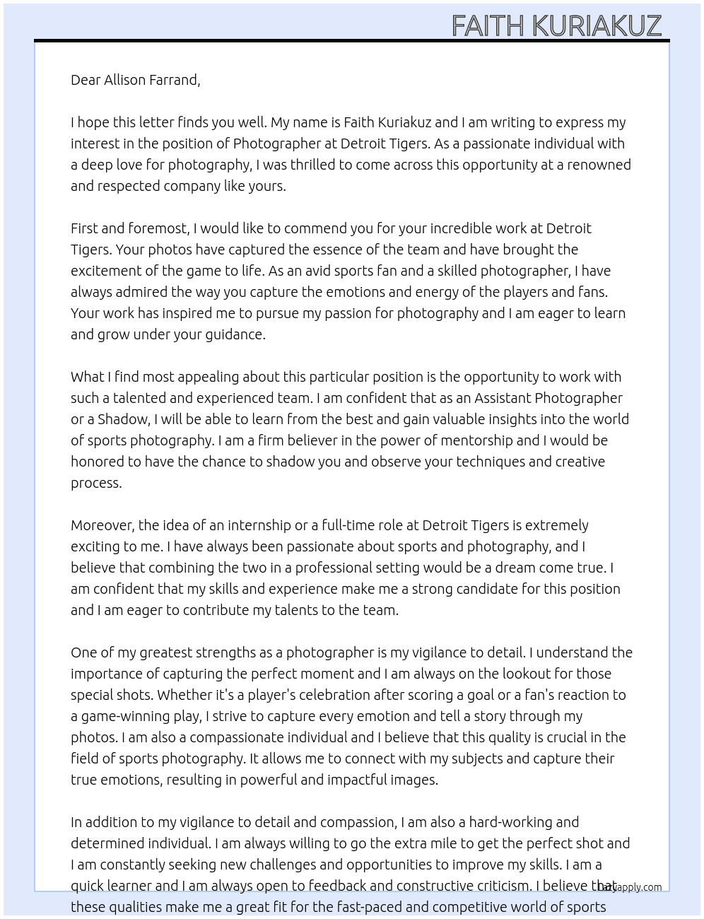 Photographer  At Detroit tigers  Cover Letter