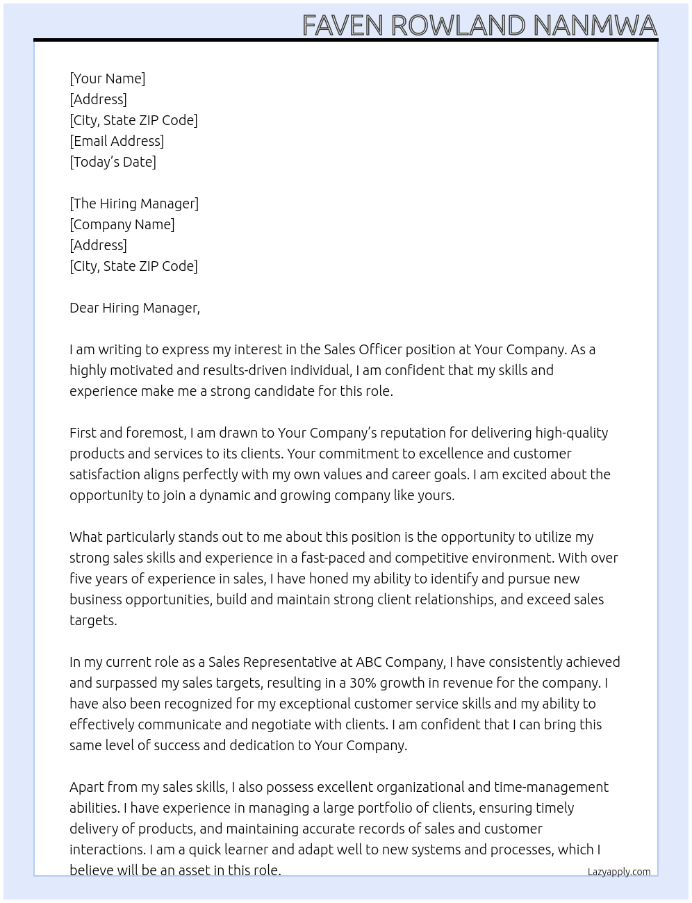 Sales Officer At Your Company Cover Letter