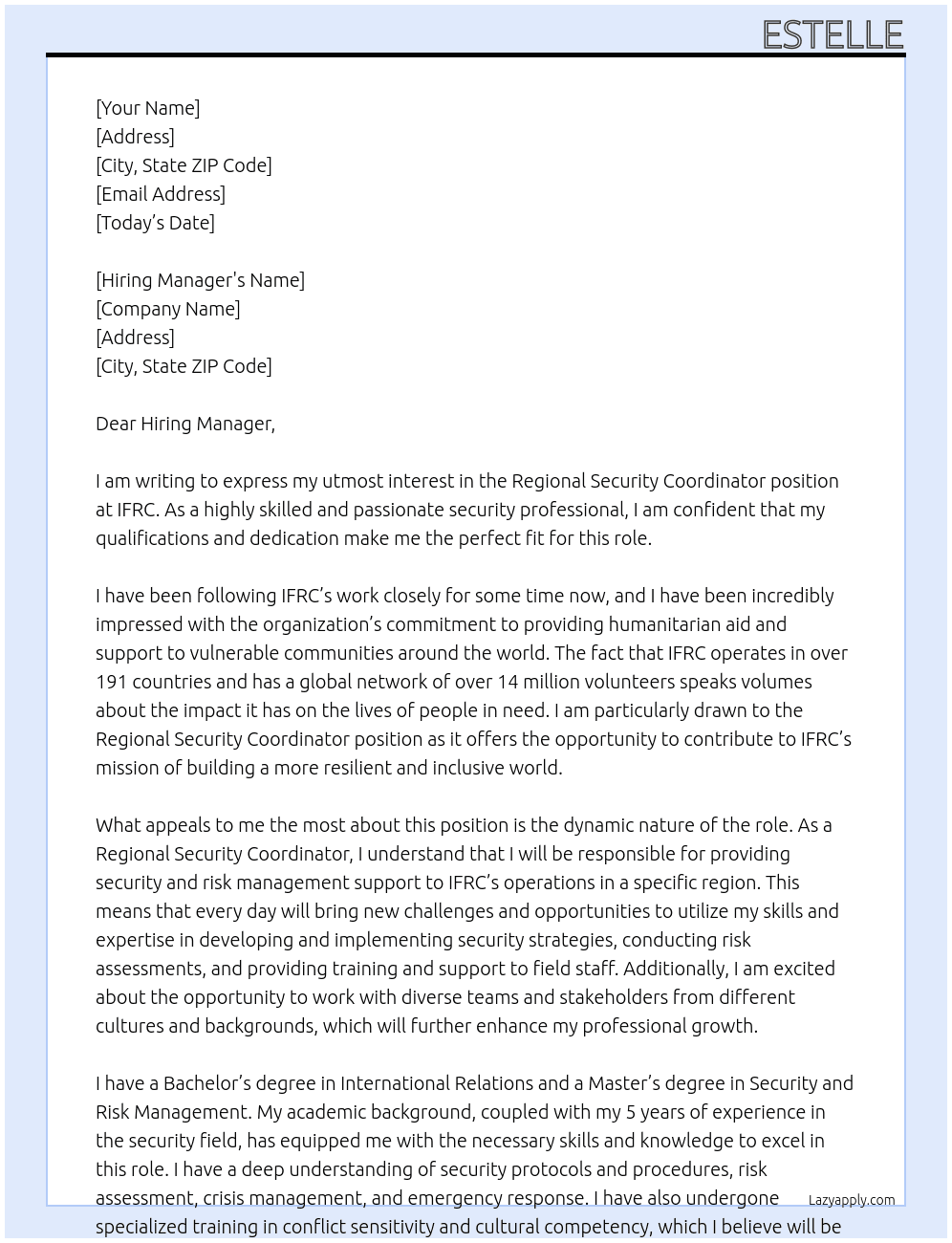 Regional security Coordinator At IFRC Cover Letter