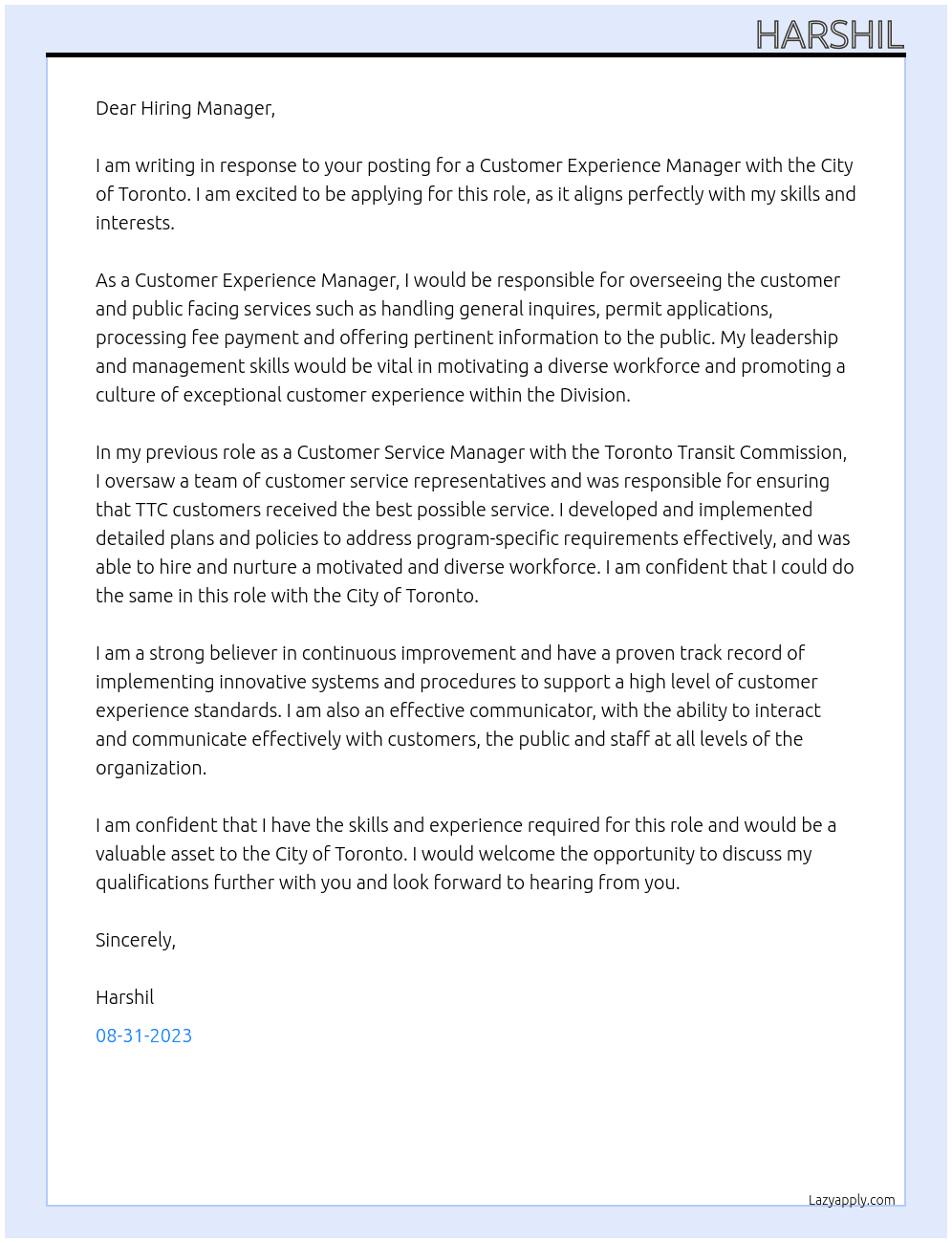 Customer experience manager At City of Toronto Cover Letter