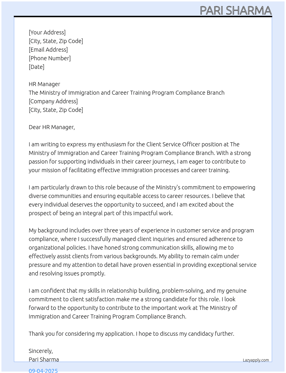 cliemt service officer At The Ministry of Immigration and Career Training Program Compliance Branch  Cover Letter