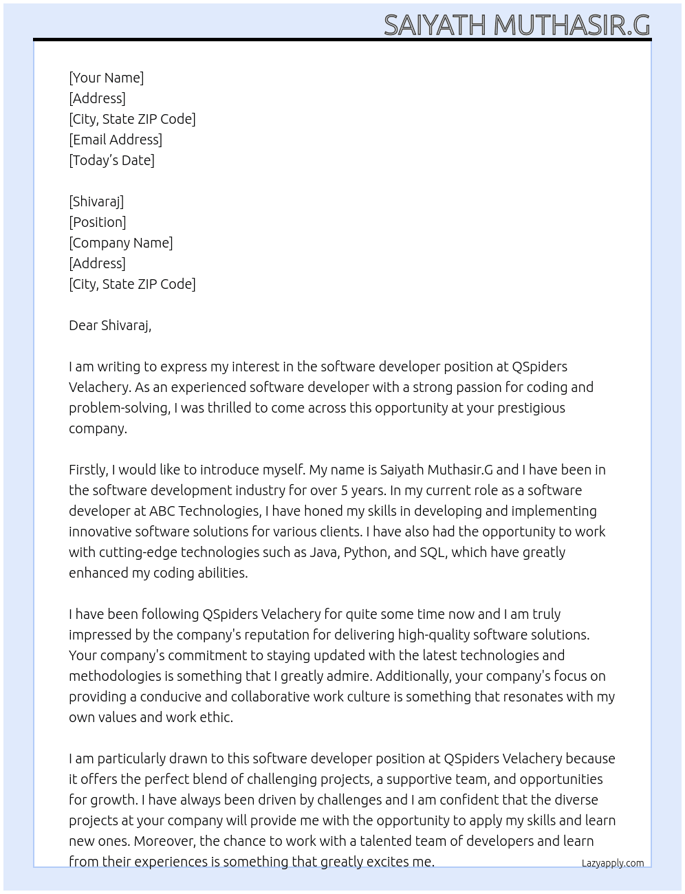 software devolop At QSpiders Velachery Cover Letter