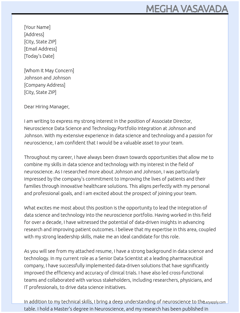 Associate Director, Neuroscience Data Science and Technology Portfolio Integration At johnson and johnson Cover Letter
