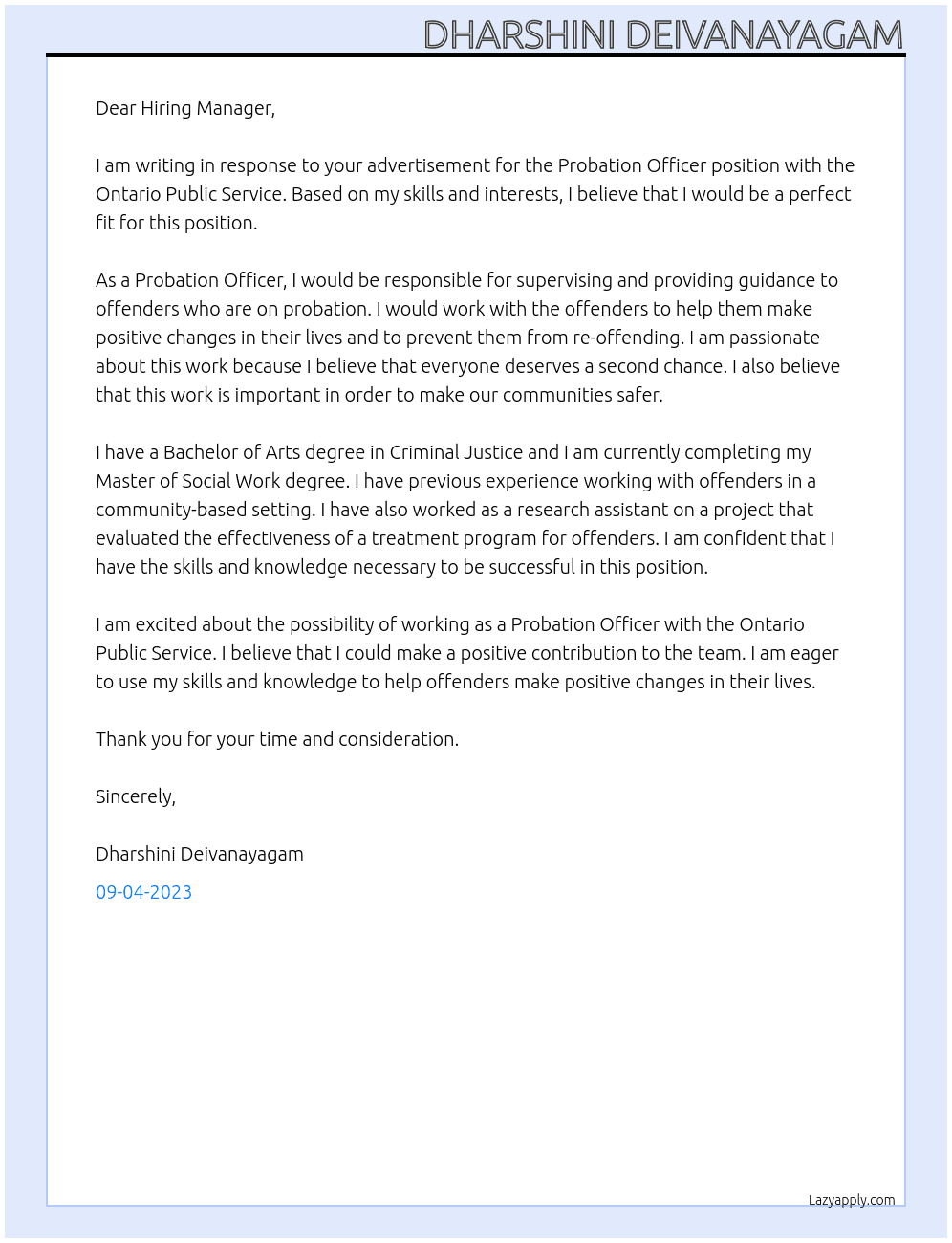 Probation Offier At Ontario Public Service Cover Letter