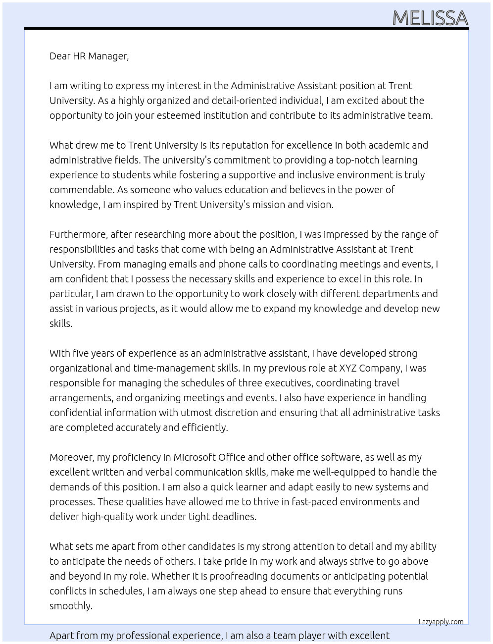 Administrative Assistant At Trent University Cover Letter