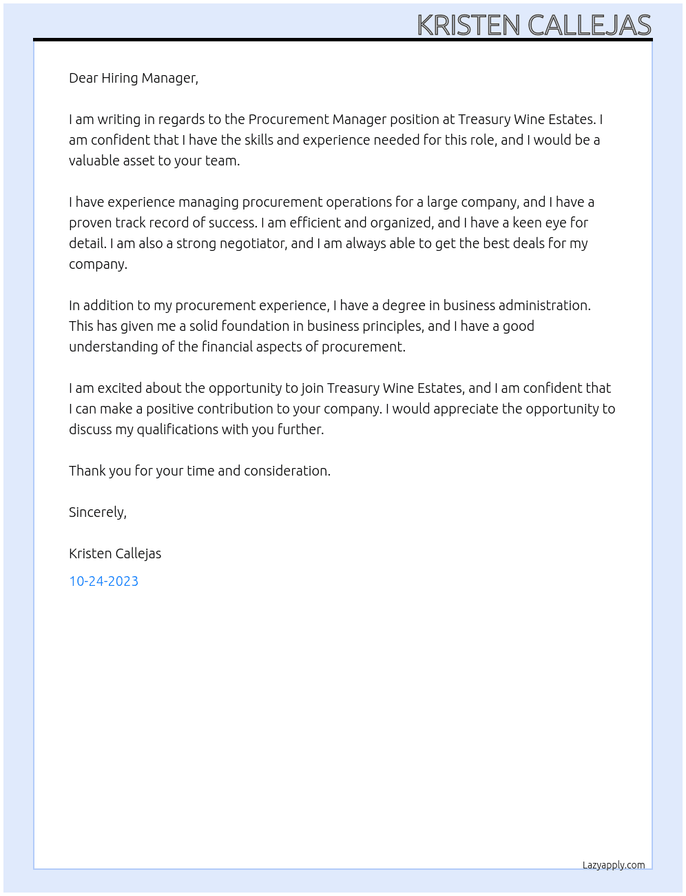 Procurement Manager At Treasury Wine Estates Cover Letter