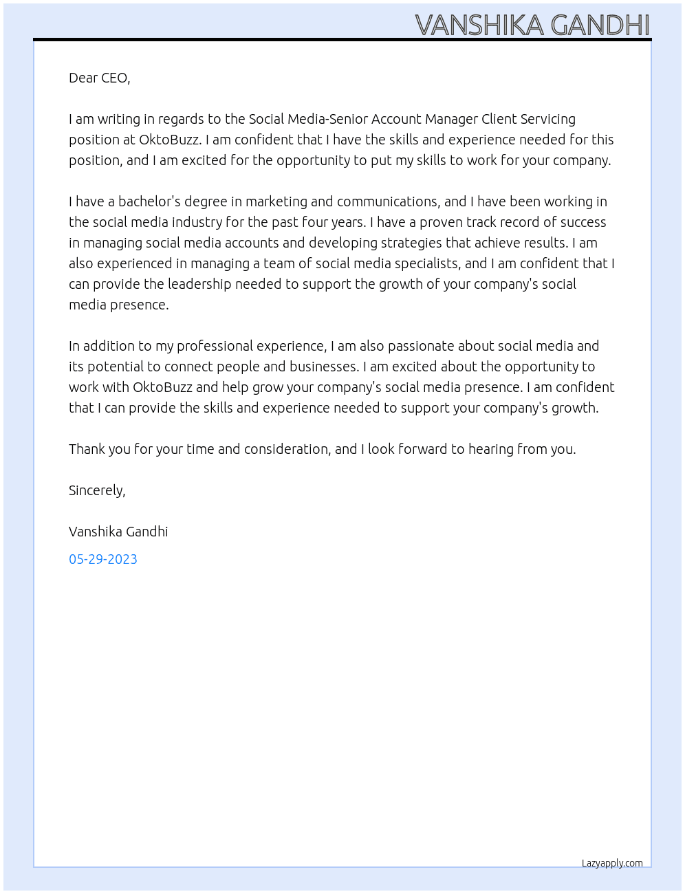 Social Media-Senior Account Manager Client Servicing At OktoBuzz Cover Letter