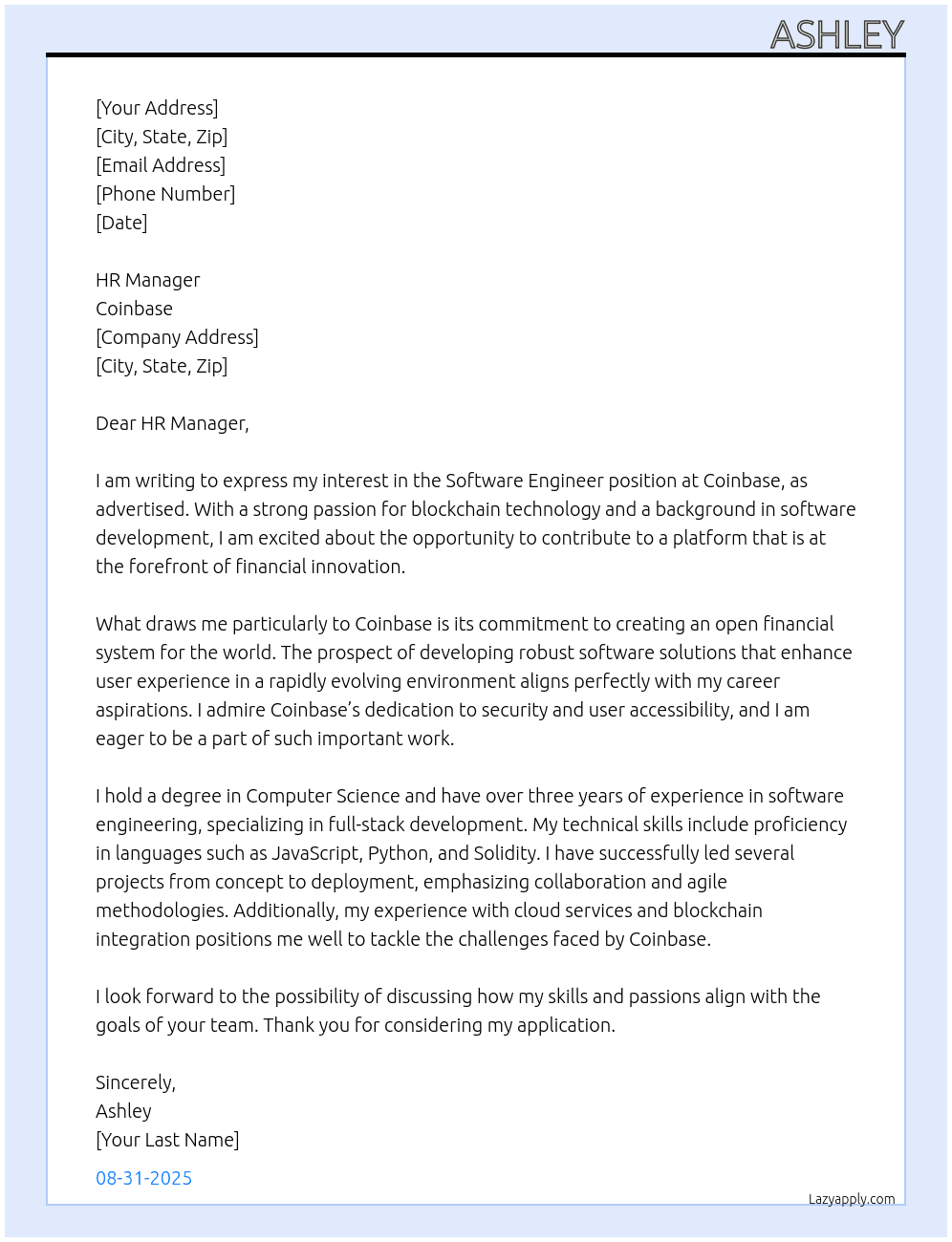 Software Engineer At Coinbase Cover Letter