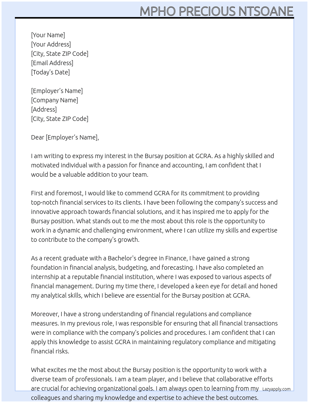Bursay At GCRA Cover Letter