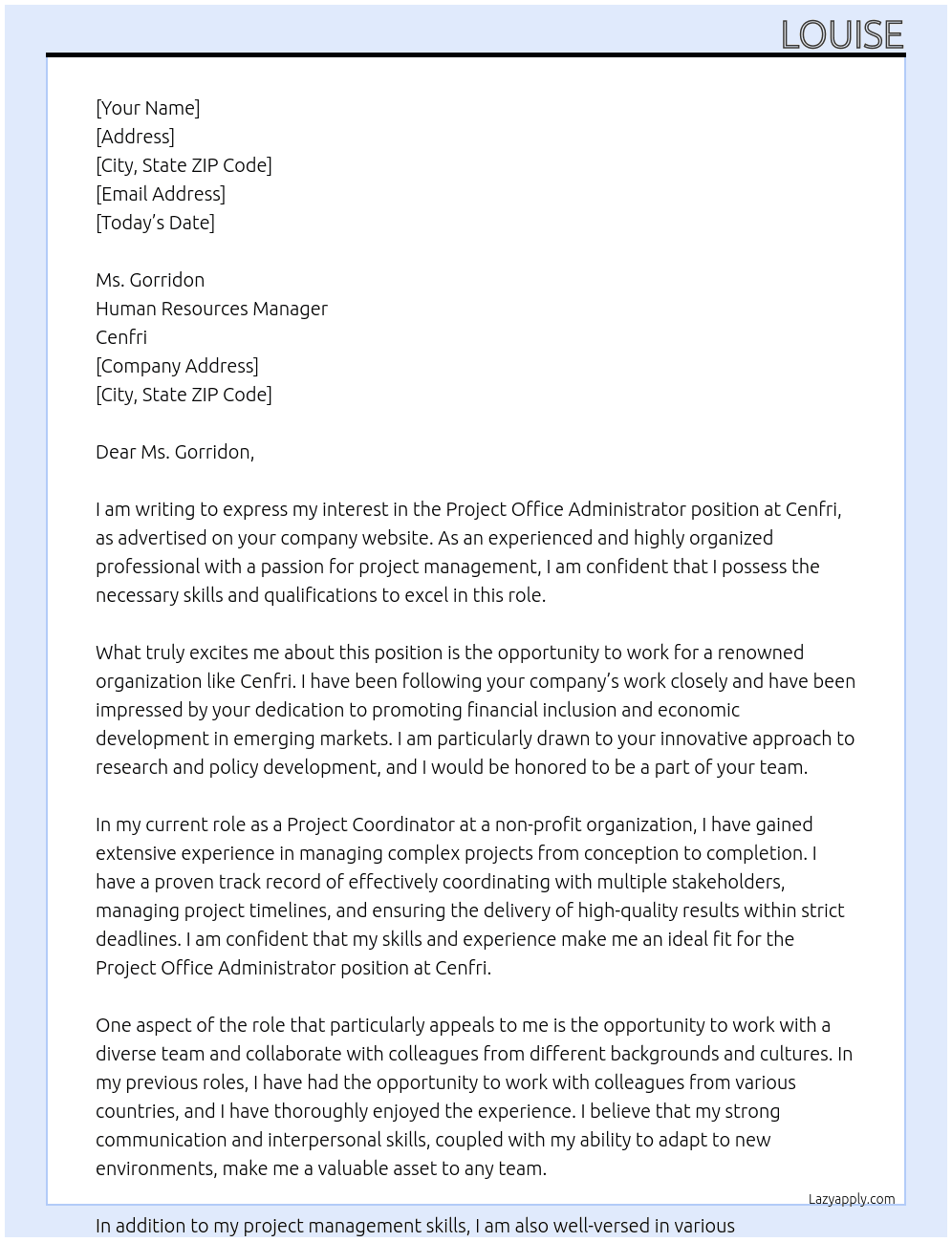 Project Office Administrator At Cenfri  Cover Letter