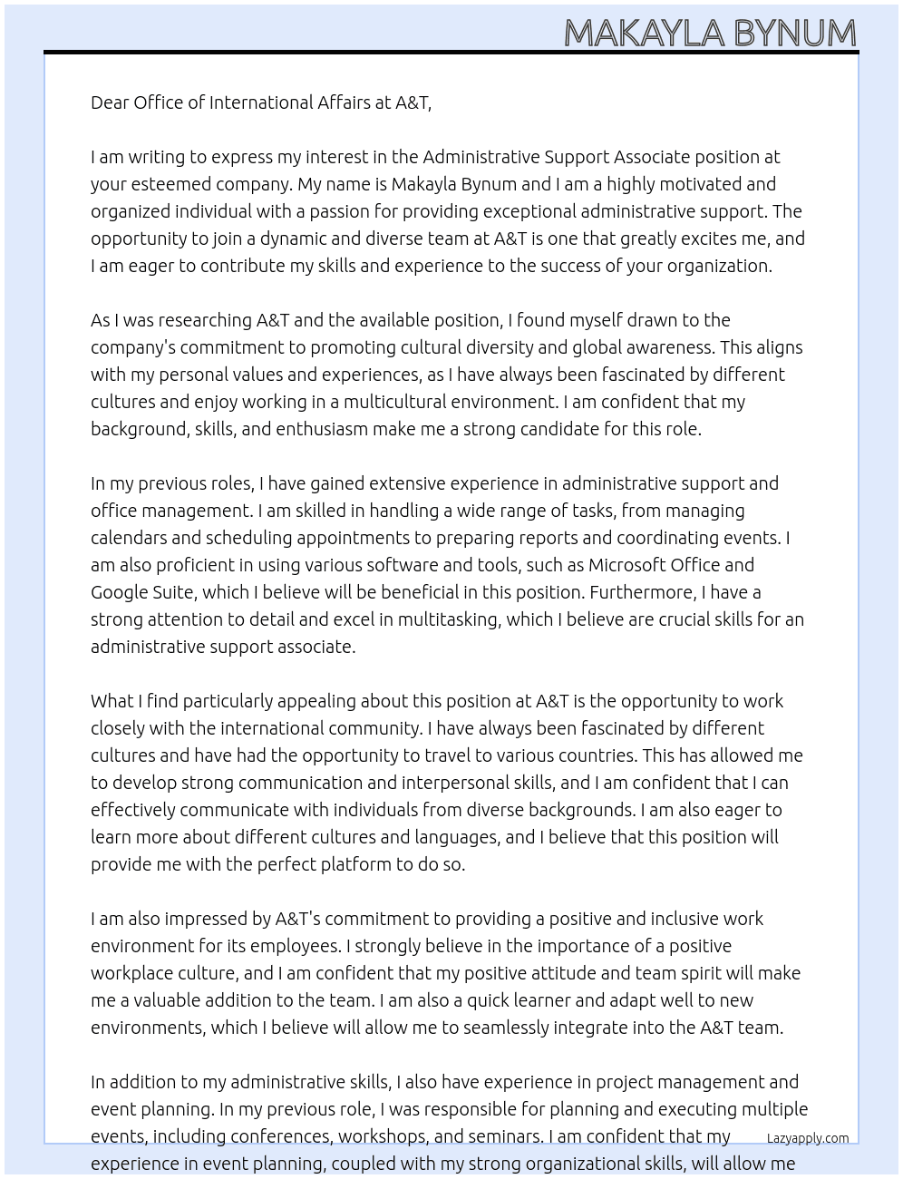 Administrative Support Associate At A&T Cover Letter