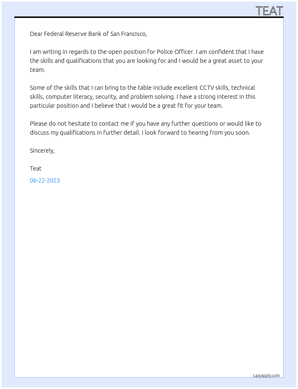 Police Officer At Federal Reserve Bank of San Francisco  Cover Letter