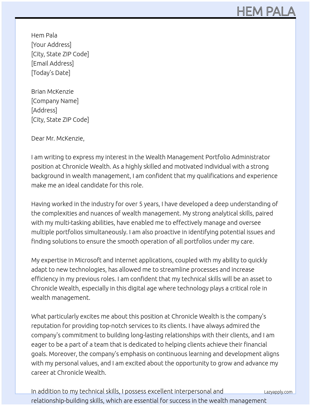 Wealth Management Portfolio Administrator At Chronicle Wealth Cover Letter