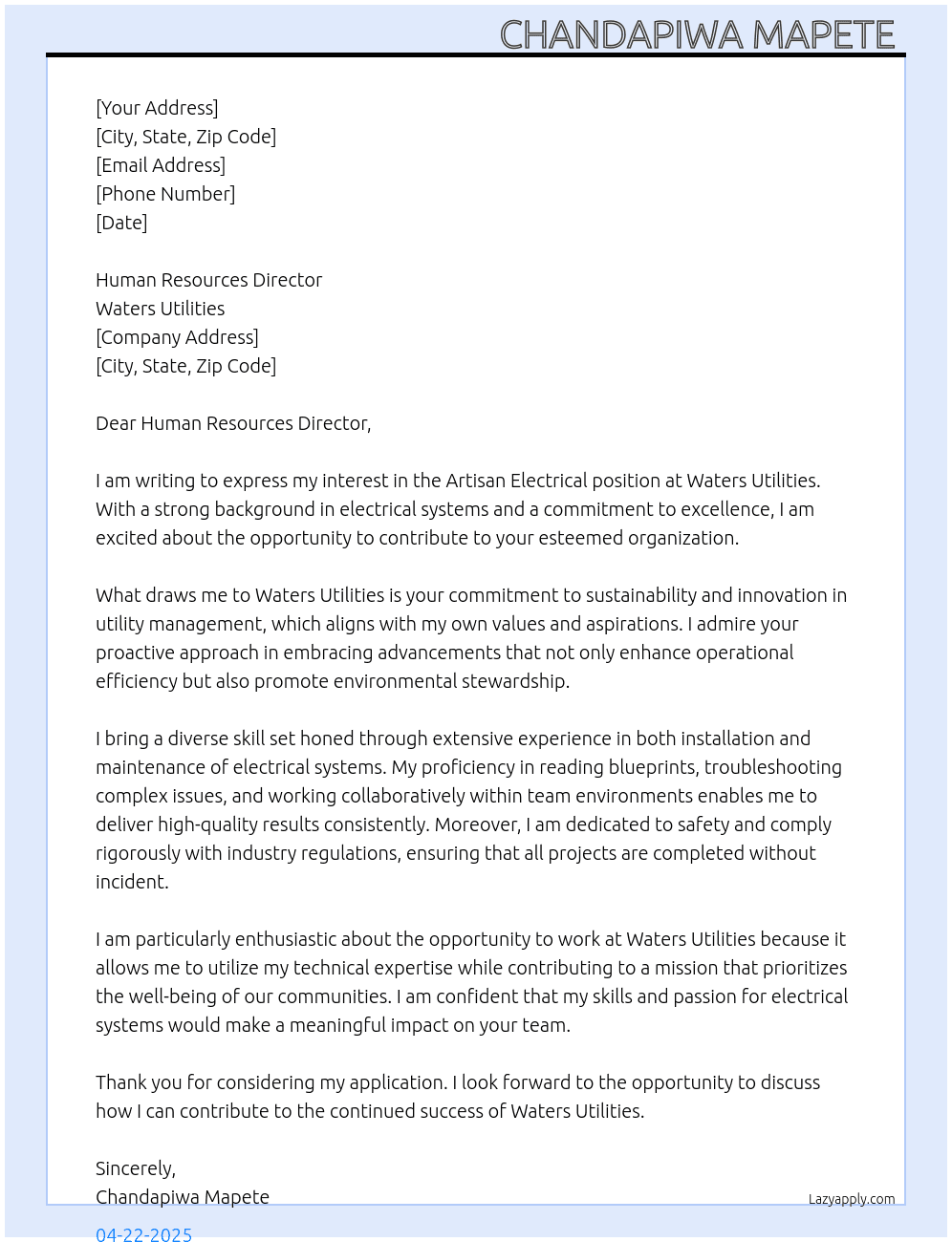 Artisan electrical  At Waters Utilities  Cover Letter