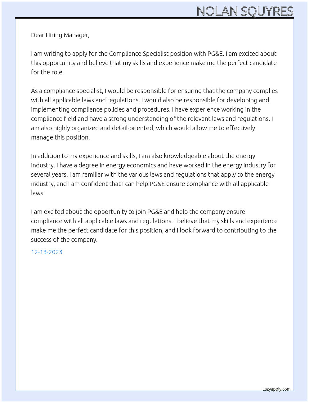 Compliance Specialist At PG&E Cover Letter
