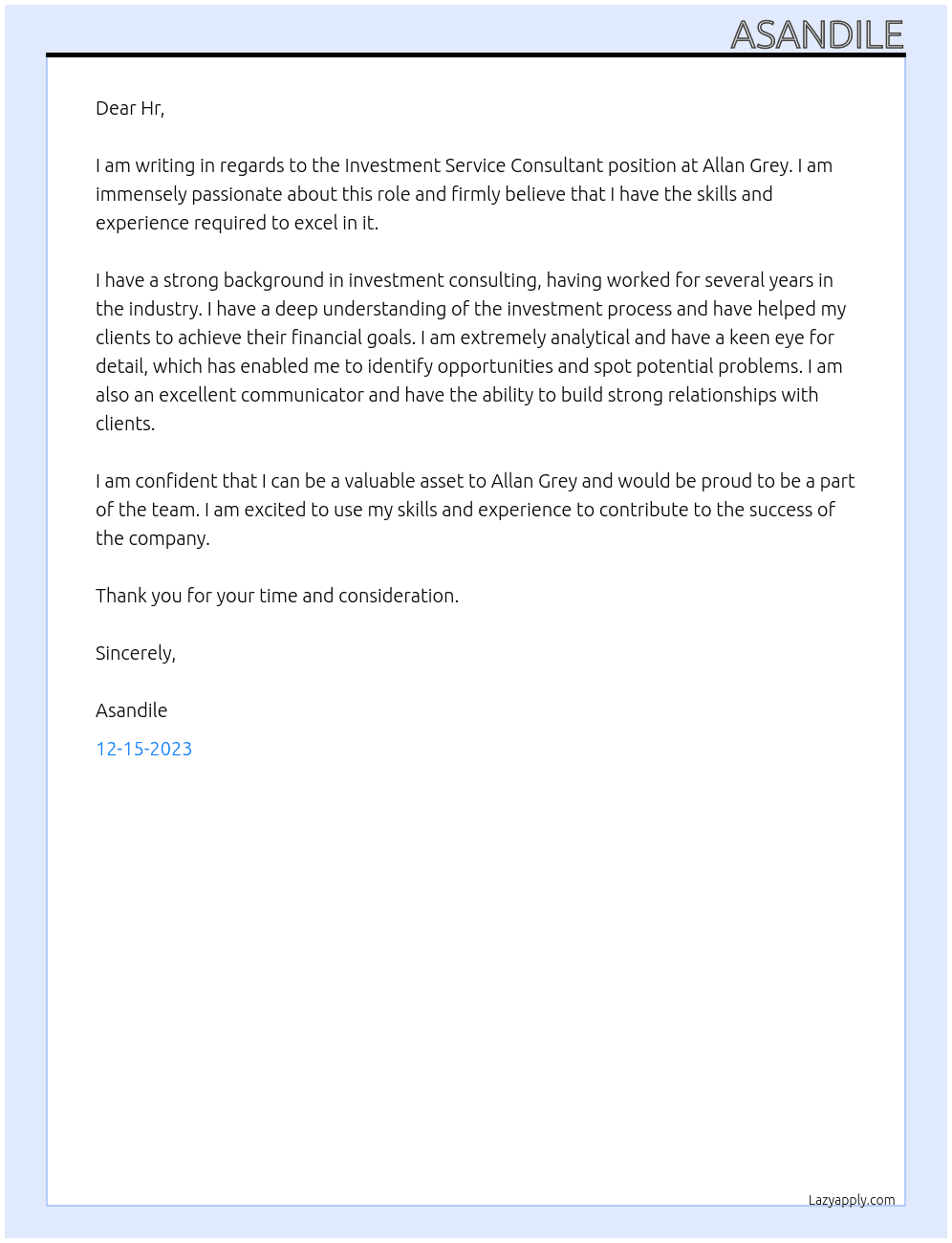 Investment Service Consultant  At Allan Grey Cover Letter