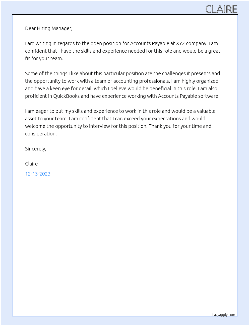 Accounts payable At XYZ Cover Letter