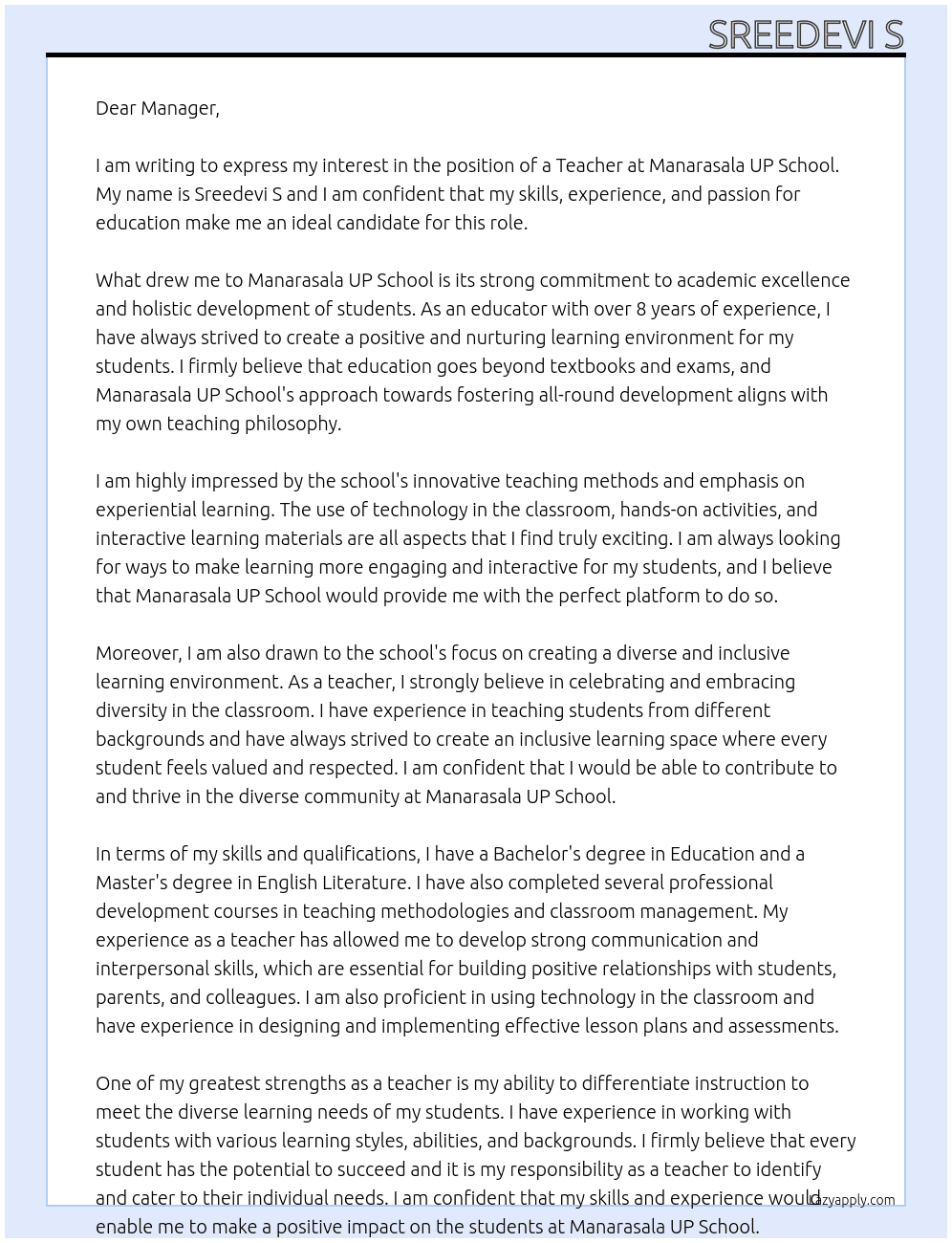 Teacher At Manarasala UP School Cover Letter