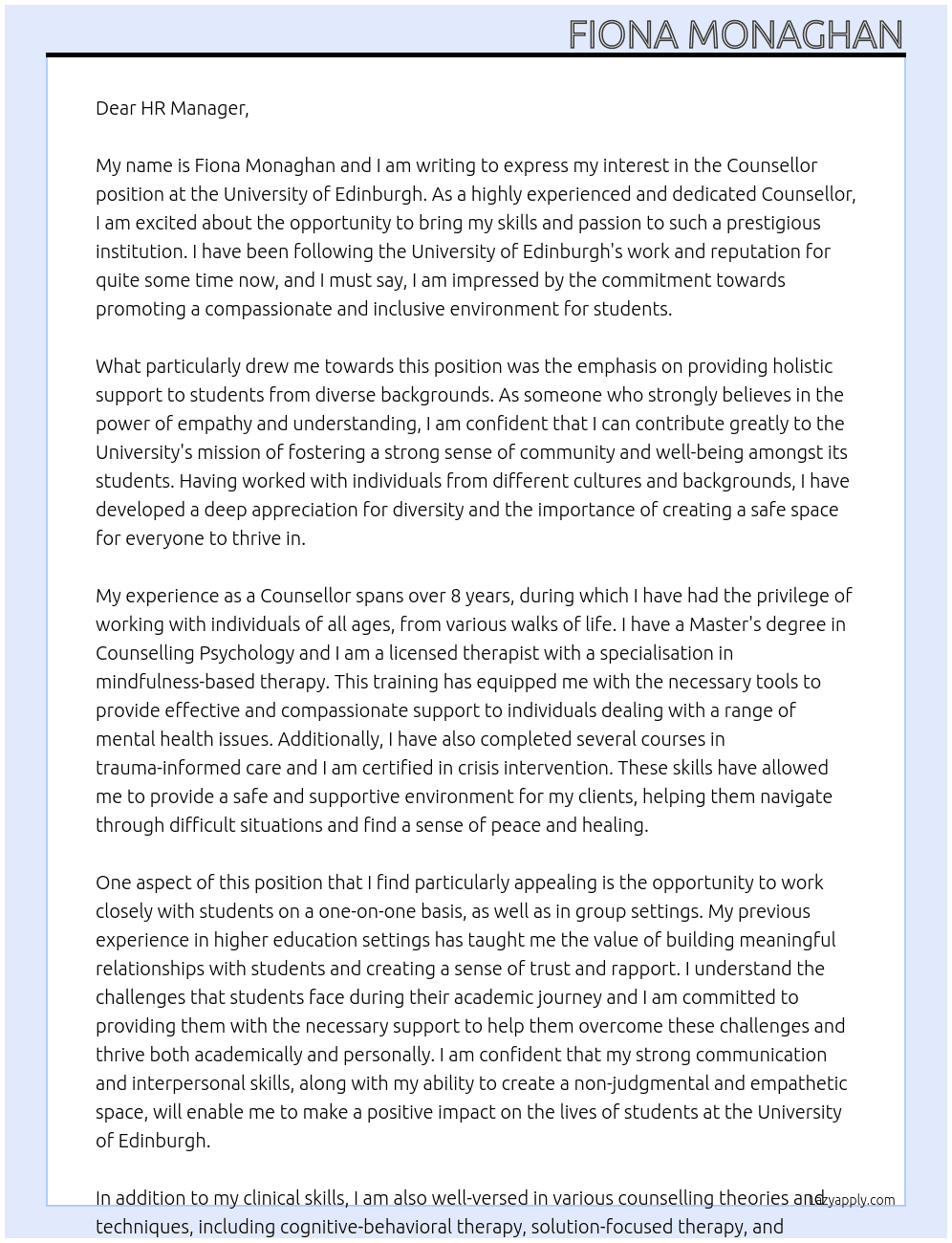 Counsellor At University of Edinburgh Cover Letter