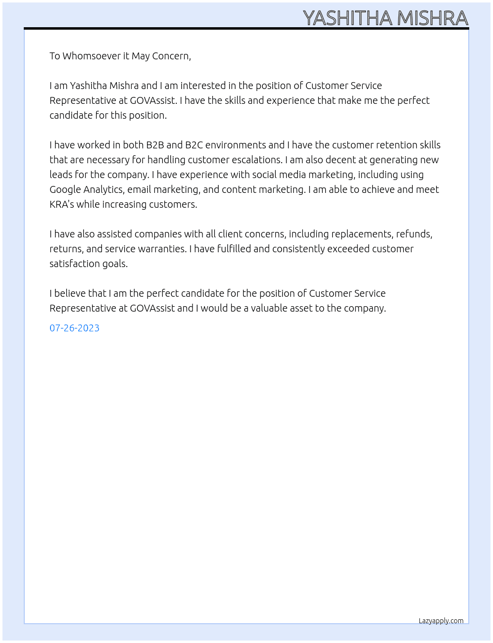 Customer Service Representative At GOVAssist Cover Letter