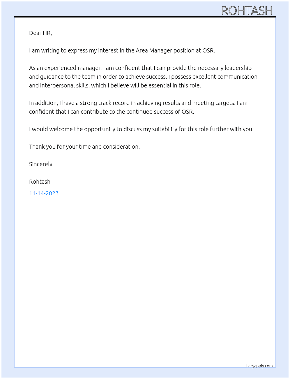 Aera Manager  At OSR Cover Letter