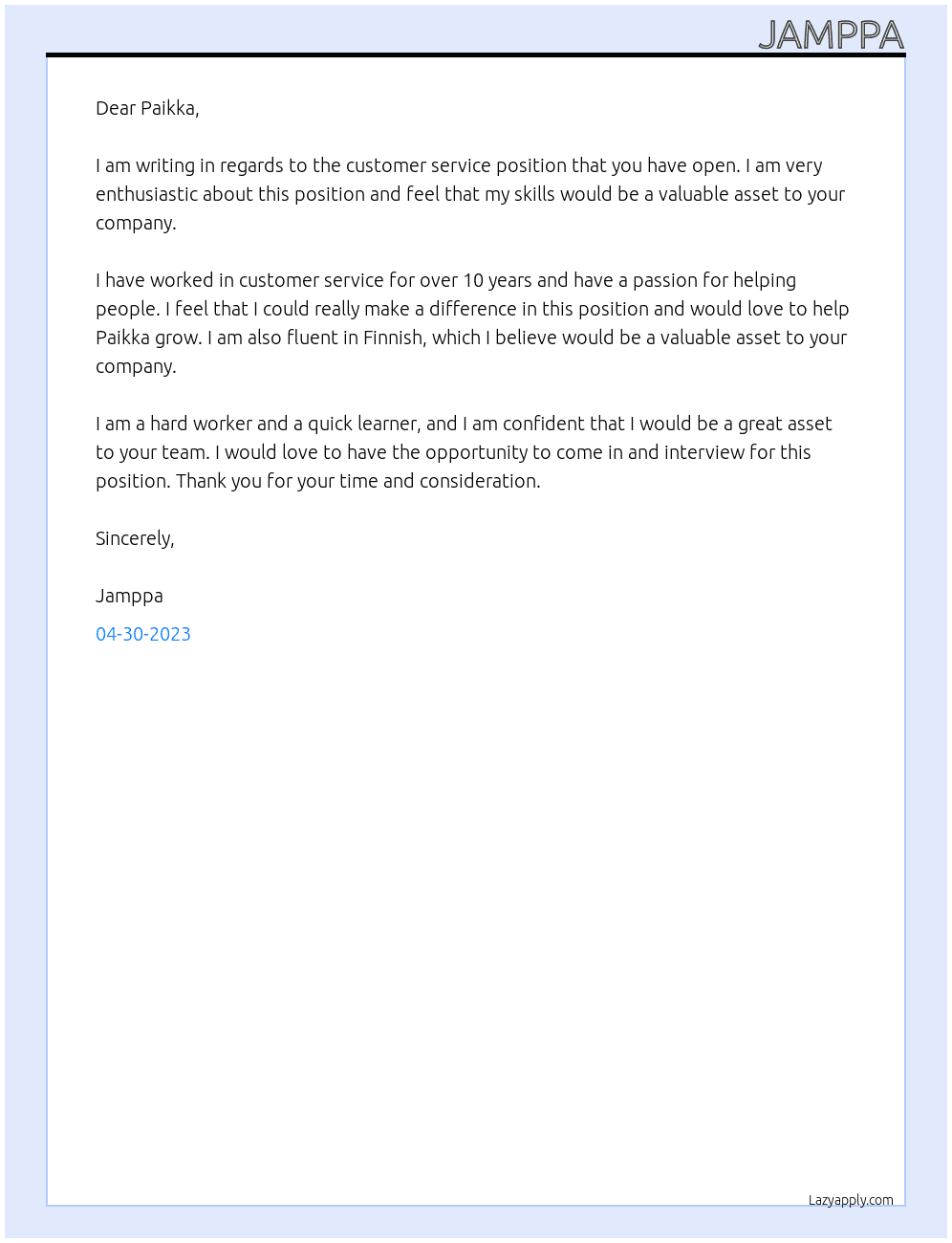 Customer service At Paikka Cover Letter